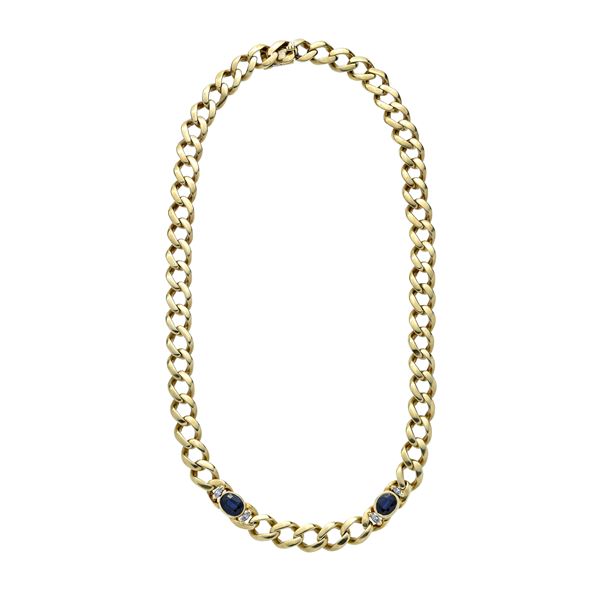 Necklace in yellow gold, sapphires and diamonds
