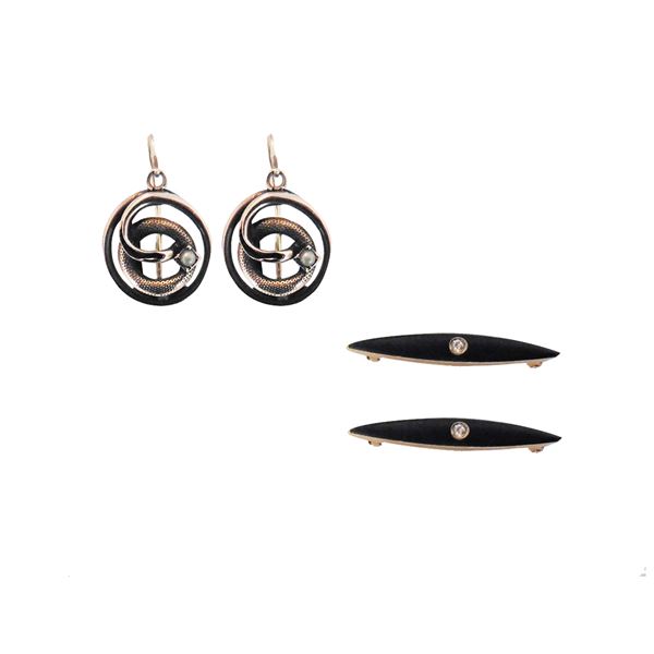 Pair of earrings and two gold tie pins low titer, pearls and black enamel