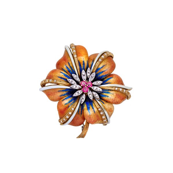 Flower clip with enamels, diamonds and rubies