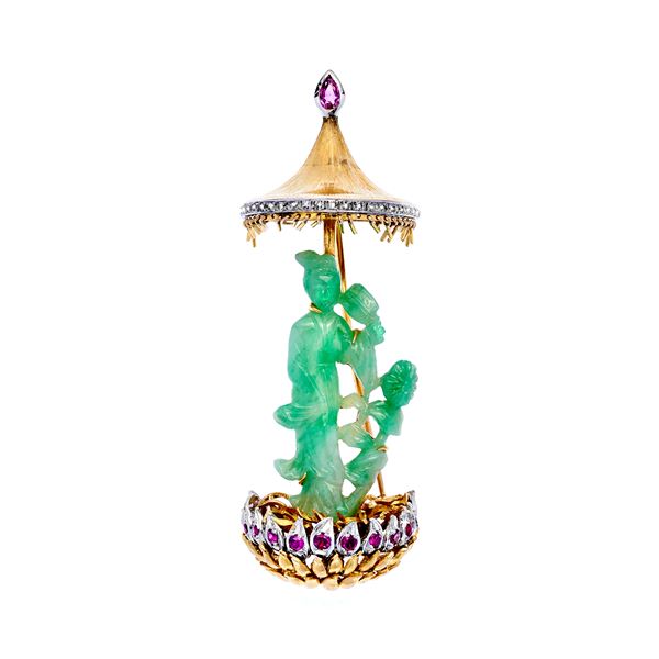 Geisha brooch with diamonds, rubies and jade green  - Auction Gioielli del Novecento e Orologi - Curio - Casa d'aste in Firenze