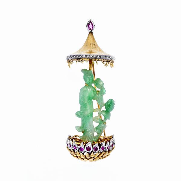 Geisha brooch with diamonds, rubies and jade green  - Auction Gioielli del Novecento e Orologi - Curio - Casa d'aste in Firenze