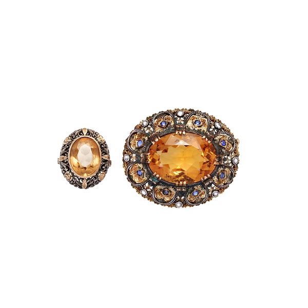 Brooch with citrine quartz and citrine ring