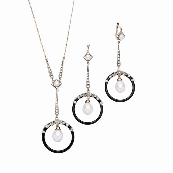 Parure con perle, diamanti e onice  - Asta Gioielli del Novecento e Orologi - Curio - Casa d'aste in Firenze