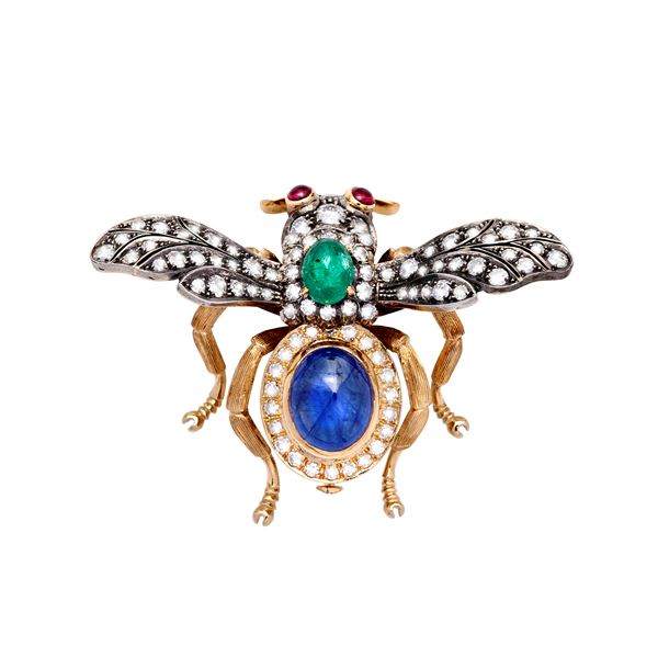 Brooch with emerald, sapphire and diamonds