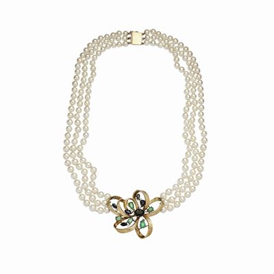 Collana con Perle, Smerali, Zaffiri e Diamanti