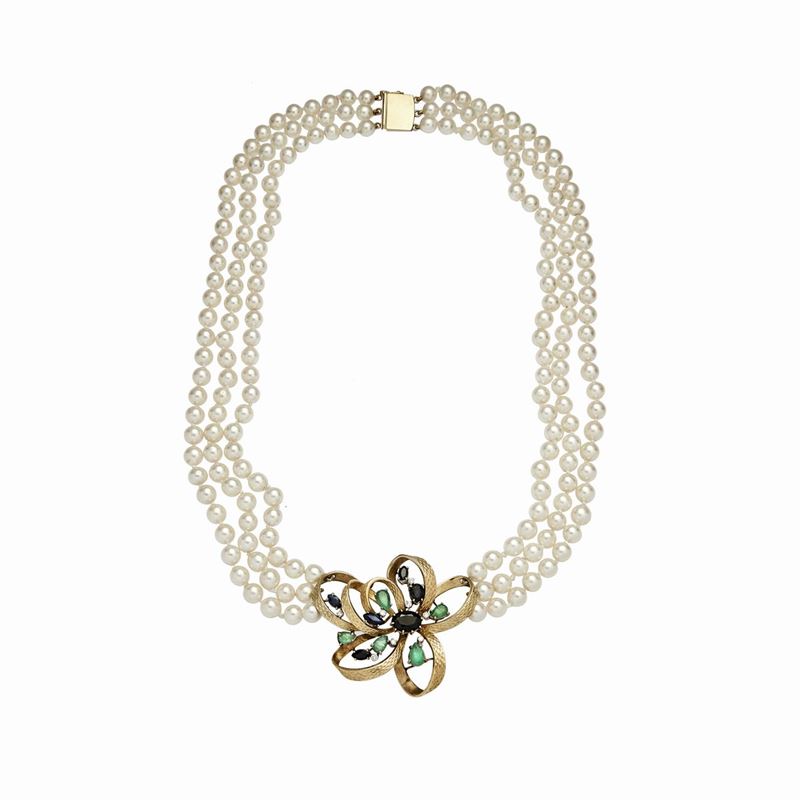 Collana con Perle, Smerali, Zaffiri e Diamanti