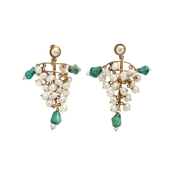 Pair of earrings with freshwater pearls and turquoise  - Auction Gioielli del Novecento e Orologi - Curio - Casa d'aste in Firenze