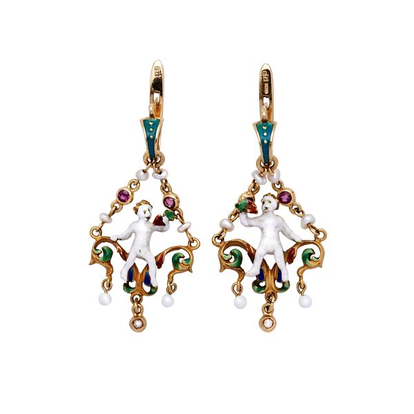 Pair of Earrings with enamels  - Auction Gioielli del Novecento e Orologi - Curio - Casa d'aste in Firenze