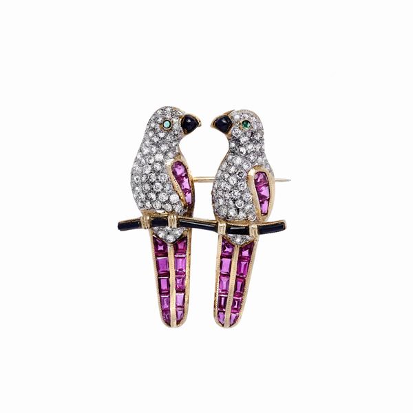 Parrot brooch with rubies and diamonds  - Auction Antique Jewellery, Modern and Watches - Curio - Casa d'aste in Firenze