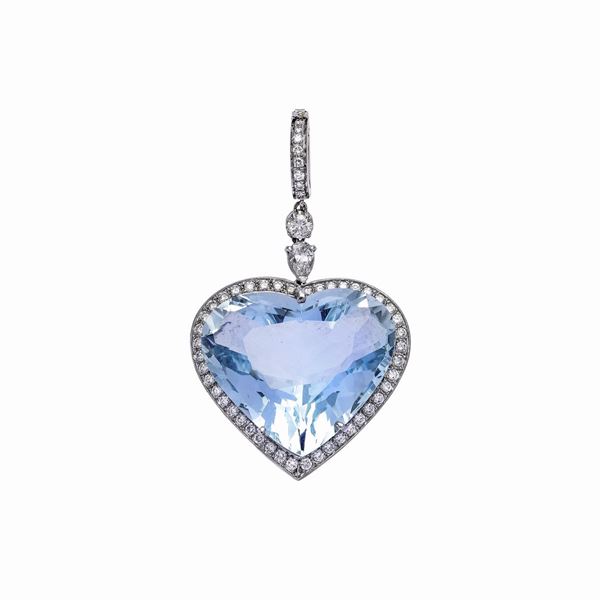 Pendente a cuore con diamanti e acquamarina