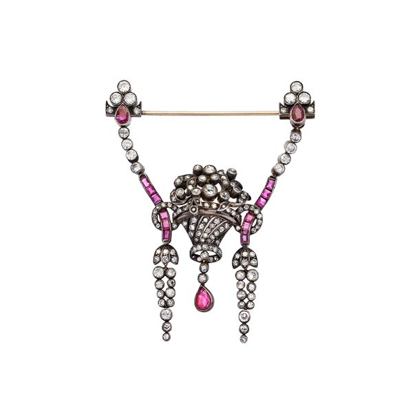 Basket brooch with diamonds and rubies