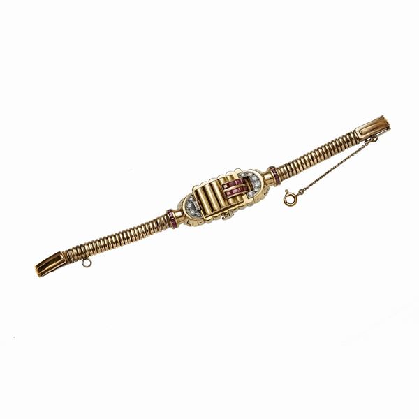 Bracciale orologio con diamanti e rubini
