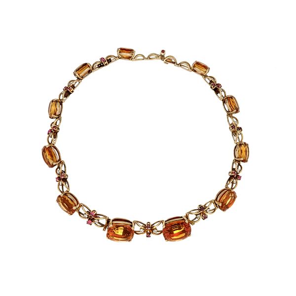 Necklace with diamonds, rubies and quartz