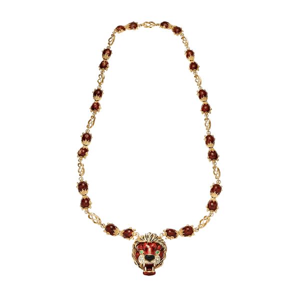 Important Leone necklace with enamel, emeralds and diamonds Frascarolo