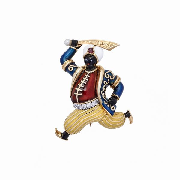 Clip in yellow gold, diamonds and colored enamels  - Auction Gioielli del Novecento e Orologi - Curio - Casa d'aste in Firenze
