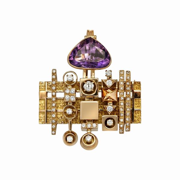 GIORGIO FACCHINI : Pendant Brooch "Space Composition" in yellow gold, amethyst and diamonds Giorgio Facchini  - Auction Antique Jewelry, Modern, Design & Watch - Curio - Casa d'aste in Firenze