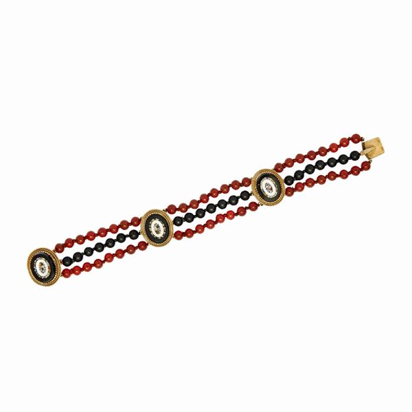 GINO FONTANA - Yellow gold bracelet, micro mosaic, carnelian and onyx Gino Fontana