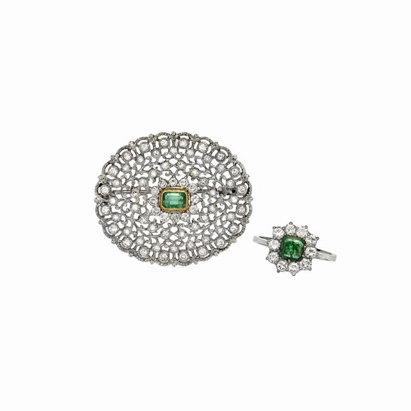 Brooch and ring in white gold, diamonds and emerald