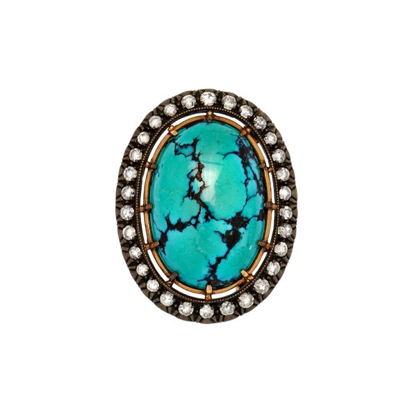 Brooch low titer gold, silver, turquoise and diamonds