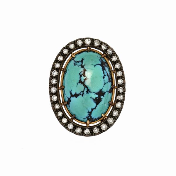 Brooch low titer gold, silver, turquoise and diamonds