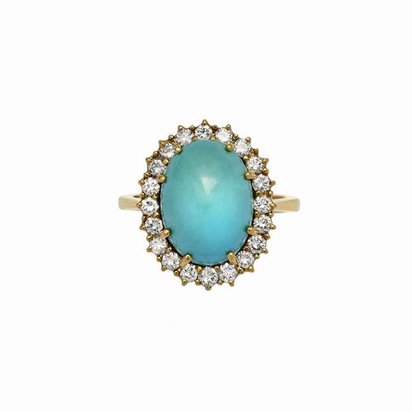 Yellow gold ring, diamond and turquoise