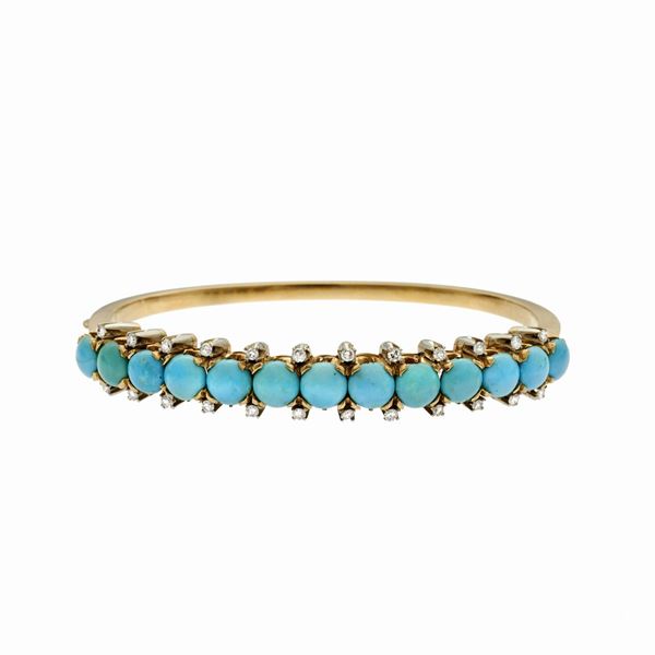Bangle in yellow gold, diamonds and turquoise