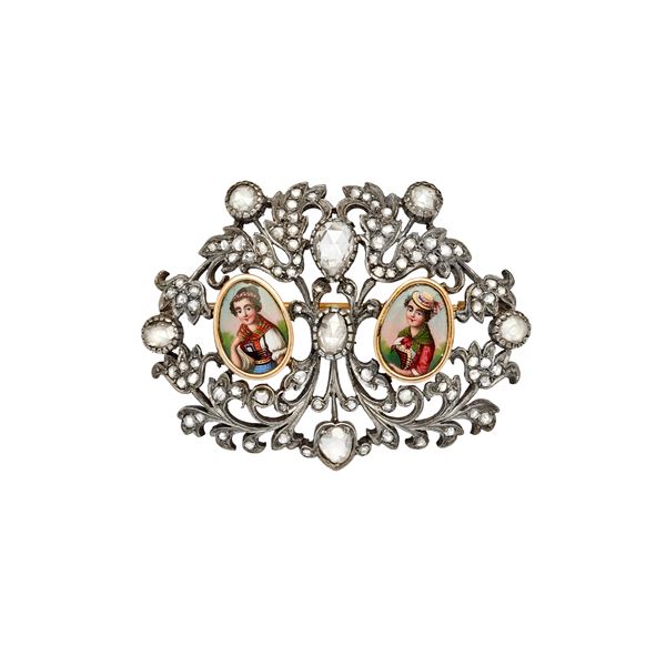 Brooch low titer gold, silver, diamonds and miniatures
