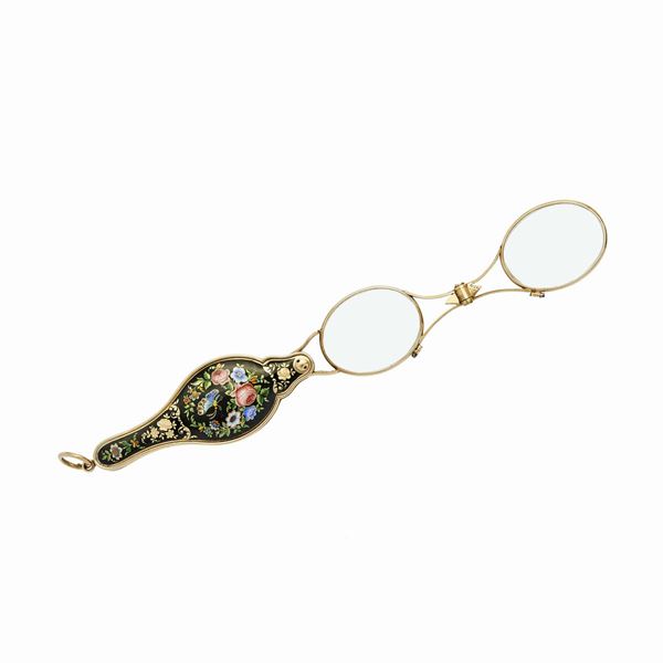 Lorgnette in yellow gold and colored enamels