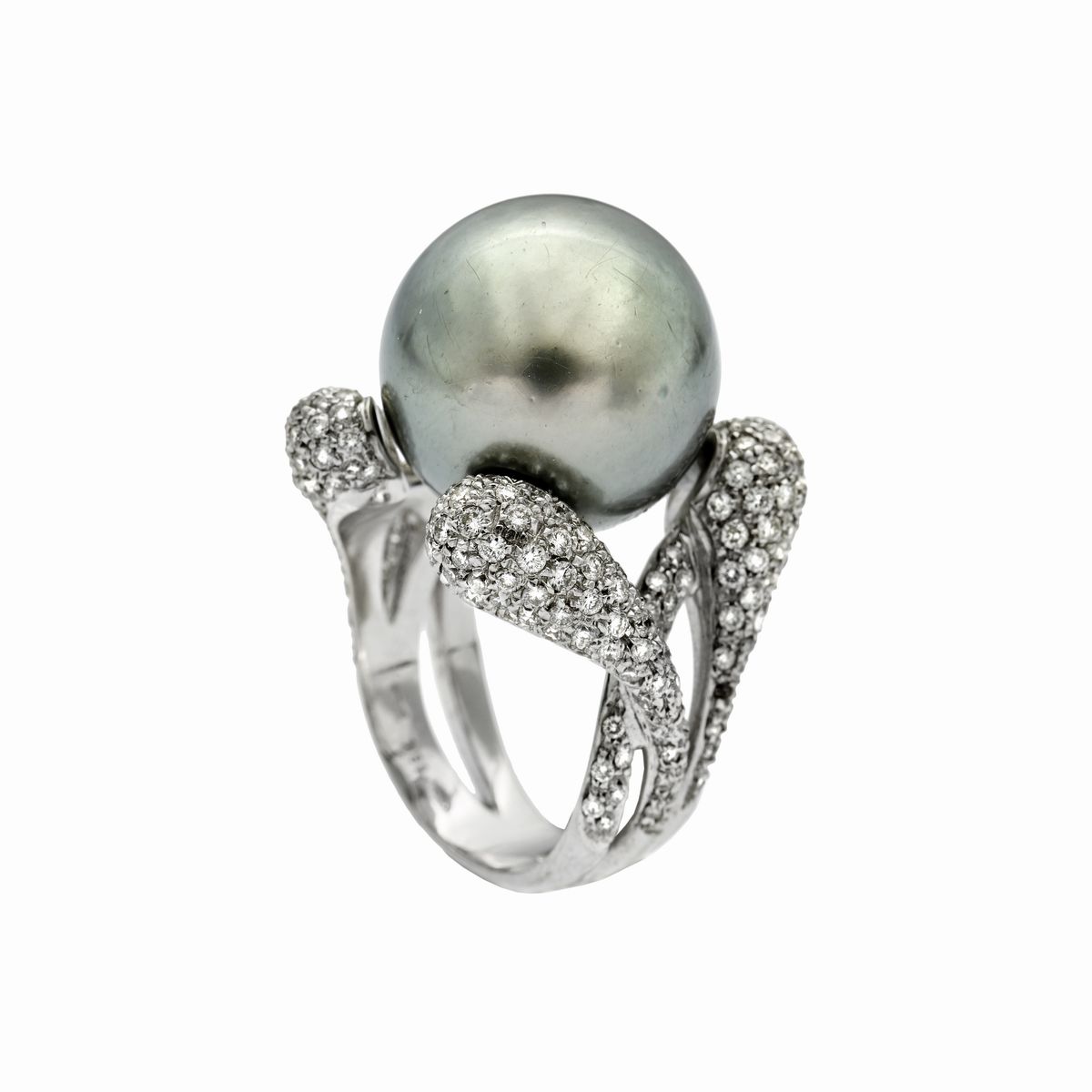 Anello in Oro Bianco, Diamanti e Perla Tahiti