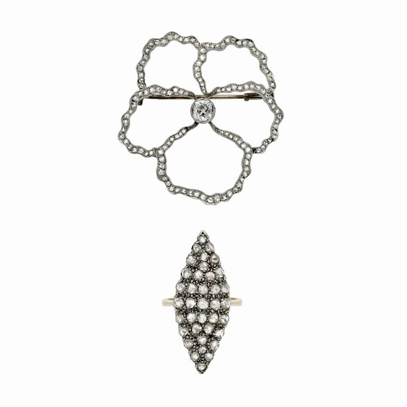 Spilla a Fiore in Oro Bianco e Diamanti e Anello a Losanga