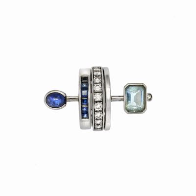 Anello Composè in Oro Bianco, Diamanti, Acquamarina e Zaffiri
