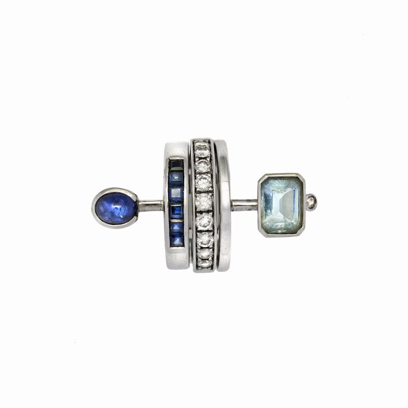 Anello Composè in Oro Bianco, Diamanti, Acquamarina e Zaffiri