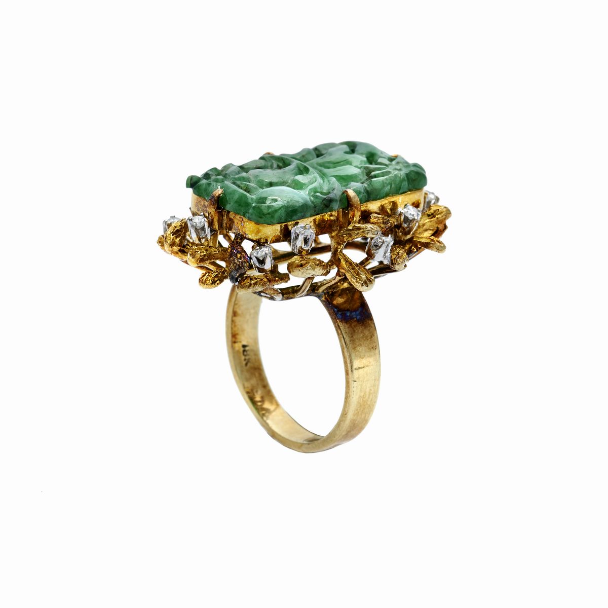 Anello in Oro Giallo, Giada Verde e Diamanti