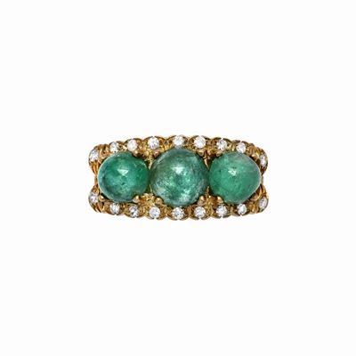 Anello in Oro Giallo, Diamanti e Smeraldi