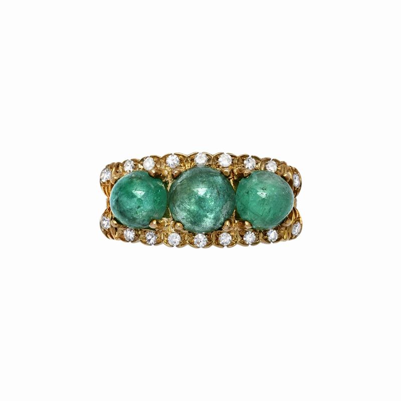 Anello in Oro Giallo, Diamanti e Smeraldi
