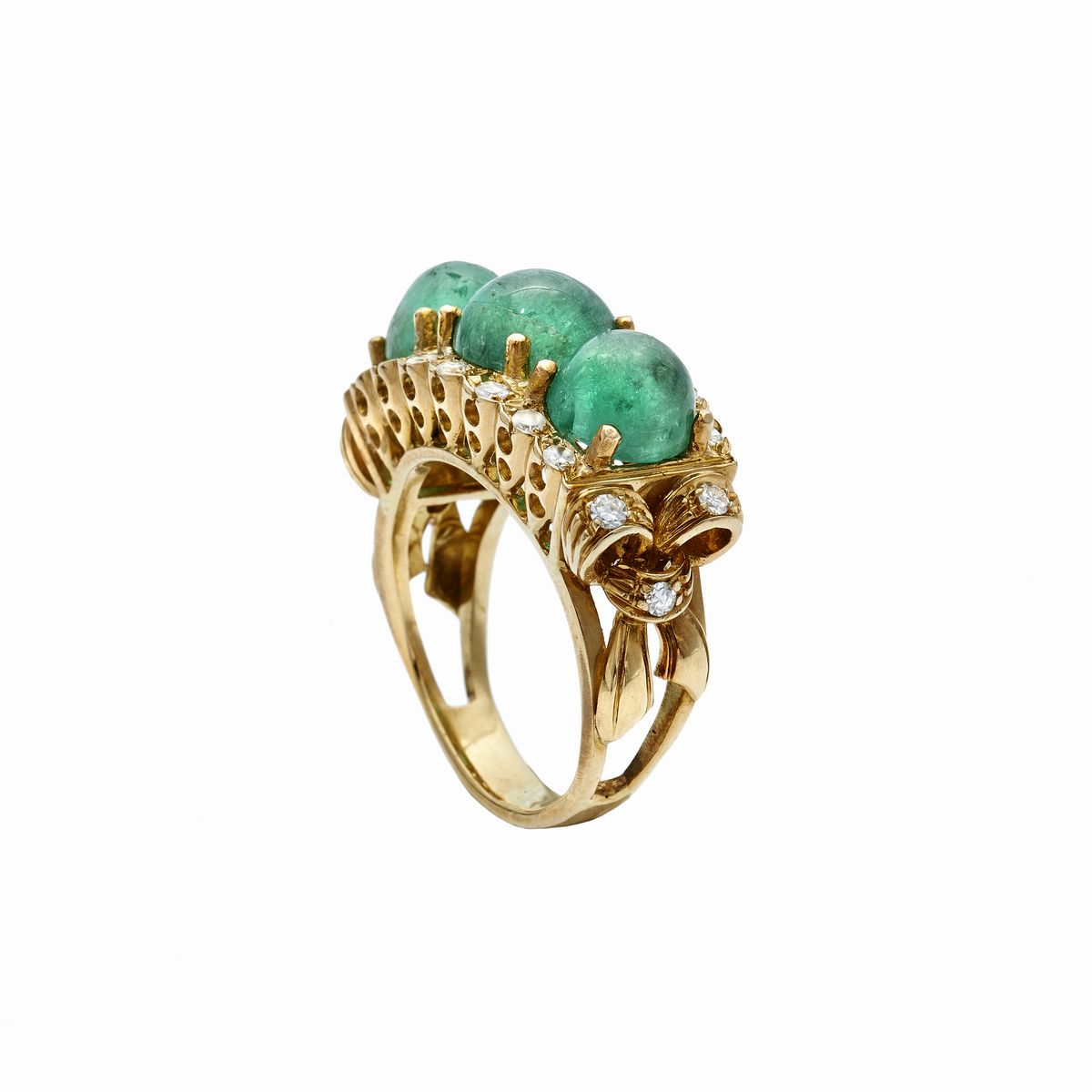 Anello in Oro Giallo, Diamanti e Smeraldi