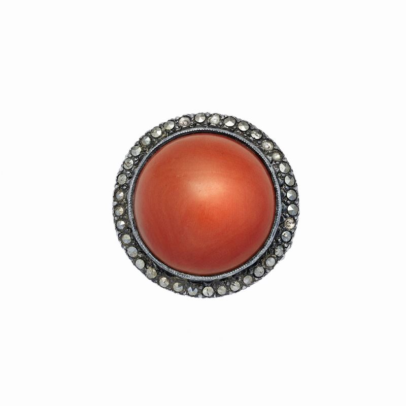 Anello in Argento, Ossidiana e Corallo Rosso