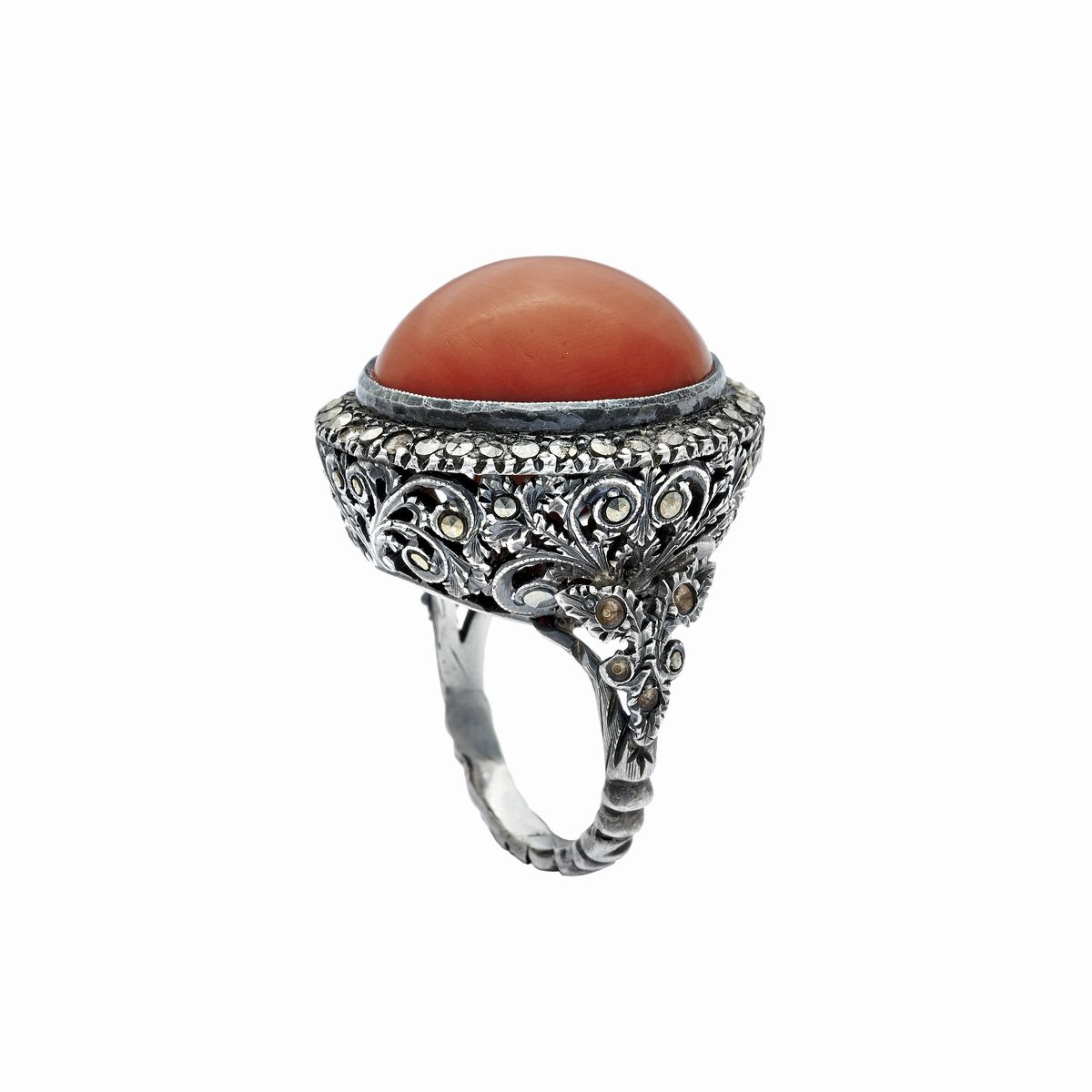 Anello in Argento, Ossidiana e Corallo Rosso