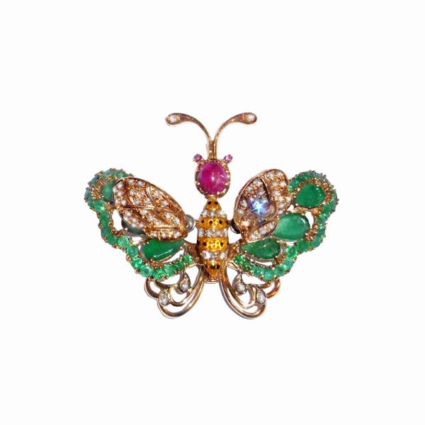 Brooch Butterfly yellow gold, colored enamel, rubies, diamonds and emeralds