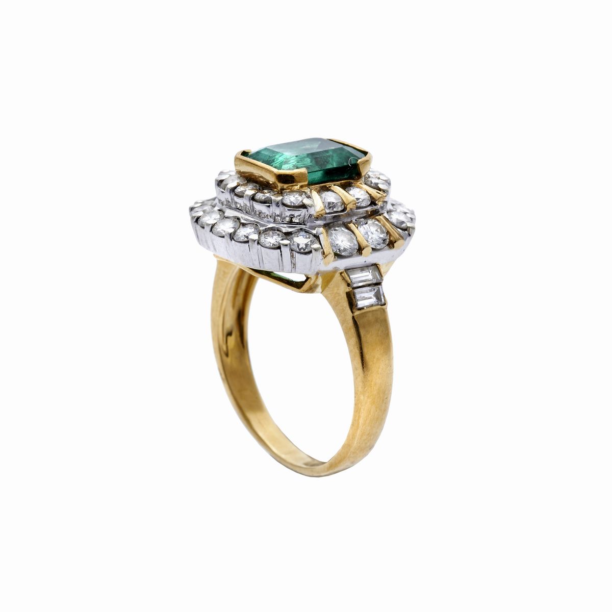 Anello in Oro Giallo, Oro Bianco, Diamanti e Smeraldo