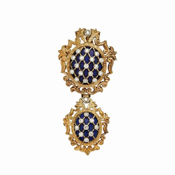 Spilla pendente in oro giallo, lapislazzulo e diamanti