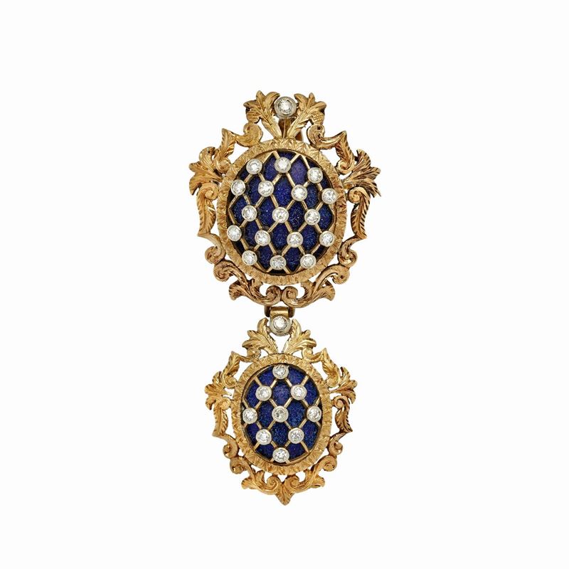 Spilla Pendente in Oro Giallo, Lapislazzulo e Diamanti