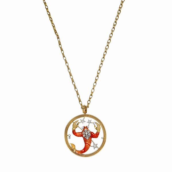 TORRINI - Scorpio pendant in yellow gold, white gold, diamonds and red coral Torrini