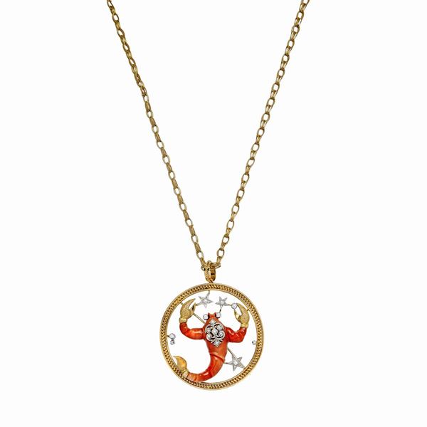 TORRINI - Pendente Scorpione in oro giallo, oro bianco, diamanti e corallo rosso Torrini