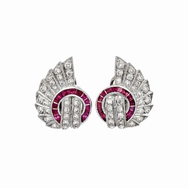 Pair of earrings in white gold, diamonds and rubies  - Auction Antique Jewelry, Modern, Design & Watch - Curio - Casa d'aste in Firenze