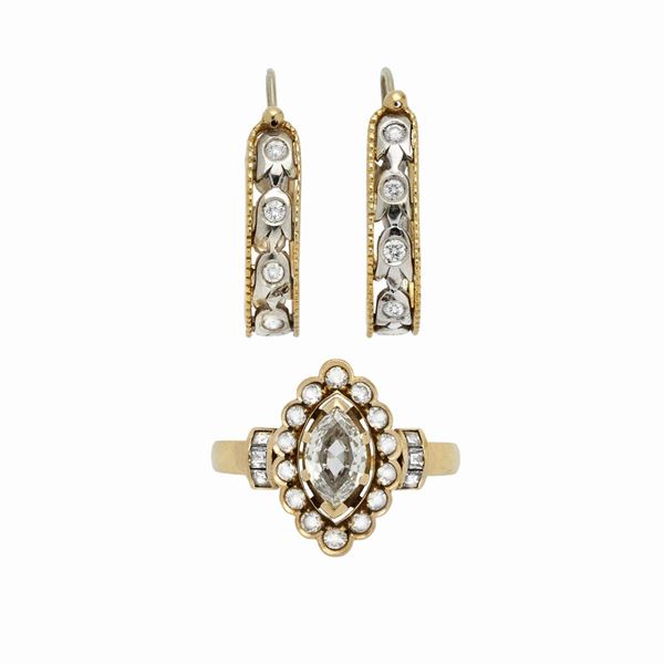Ring and earrings in yellow gold and diamonds