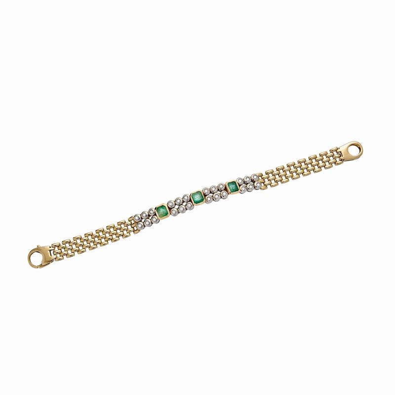 Bracciale in Oro Giallo, Oro Bianco, Smeraldi e Diamanti