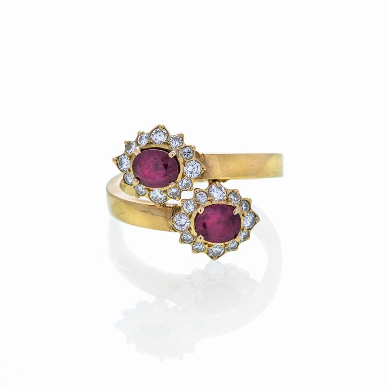 Anello contrariè Margherite in oro giallo 18 kt, diamanti e rubini