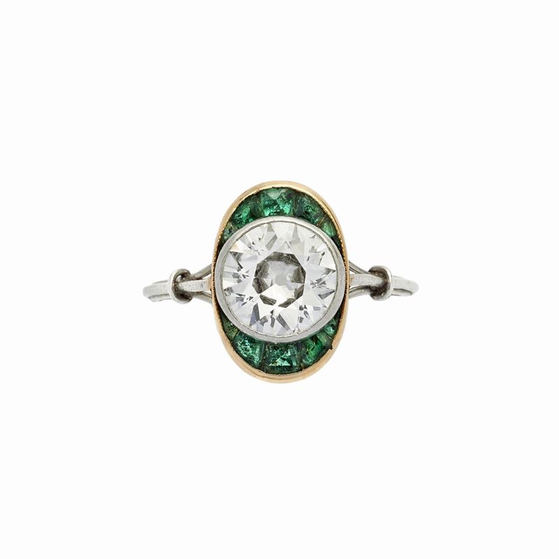 Anello Solotario in Oro Bianco, Oro Giallo Diamante e Smeraldi