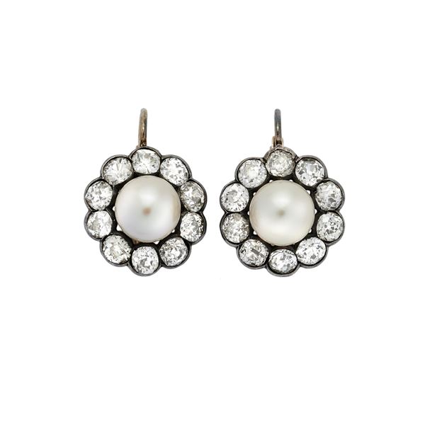 Pair of yellow gold, silver earrings, diamonds and pearls